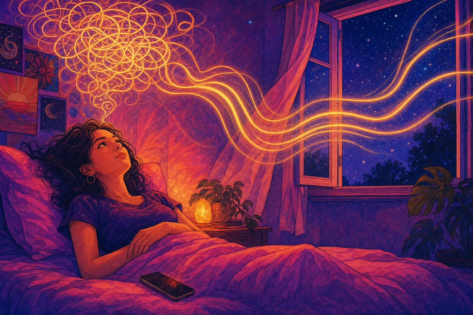 Illustration of a young woman lying awake in bed at night as a tangle of glowing thoughts above her unwinds into smooth ribbons of light drifting out the window
