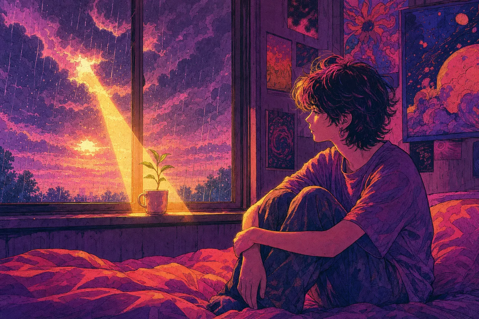 Illustration of a young person sitting on a bed by a rainy window as a single beam of sunrise light falls on a small plant sprouting from a mug