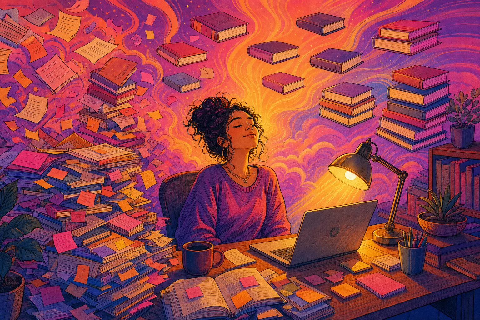 Illustration of a student at a desk piled with textbooks and sticky notes, eyes closed and breathing calmly as the books float into neat stacks