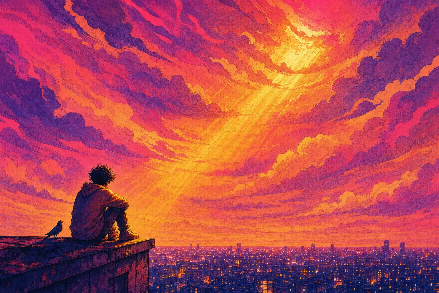 Illustration of a teenage boy sitting alone on a rooftop at sunset, a beam of golden light resting on him and a small bird beside him above the city