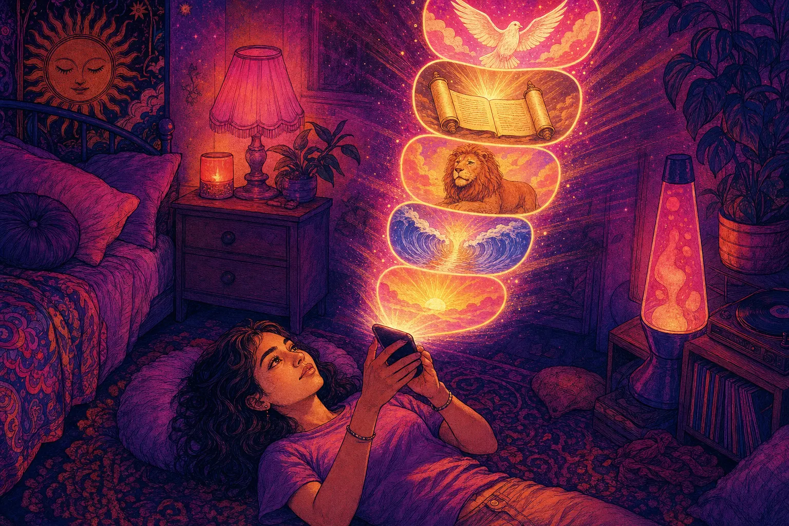 Illustration of a young woman lying on her bedroom floor holding her phone up as glowing scenes of a dove, a scroll, a lion, parting waves and a sunrise rise from it like a scrolling feed