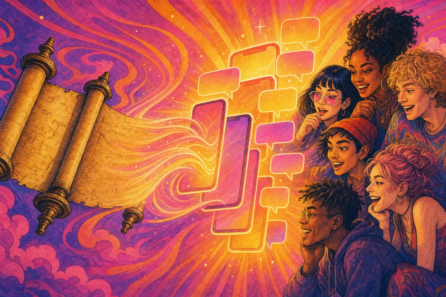 Illustration of ancient scrolls unrolling into glowing phone screens and chat bubbles while a group of young friends lean in to read