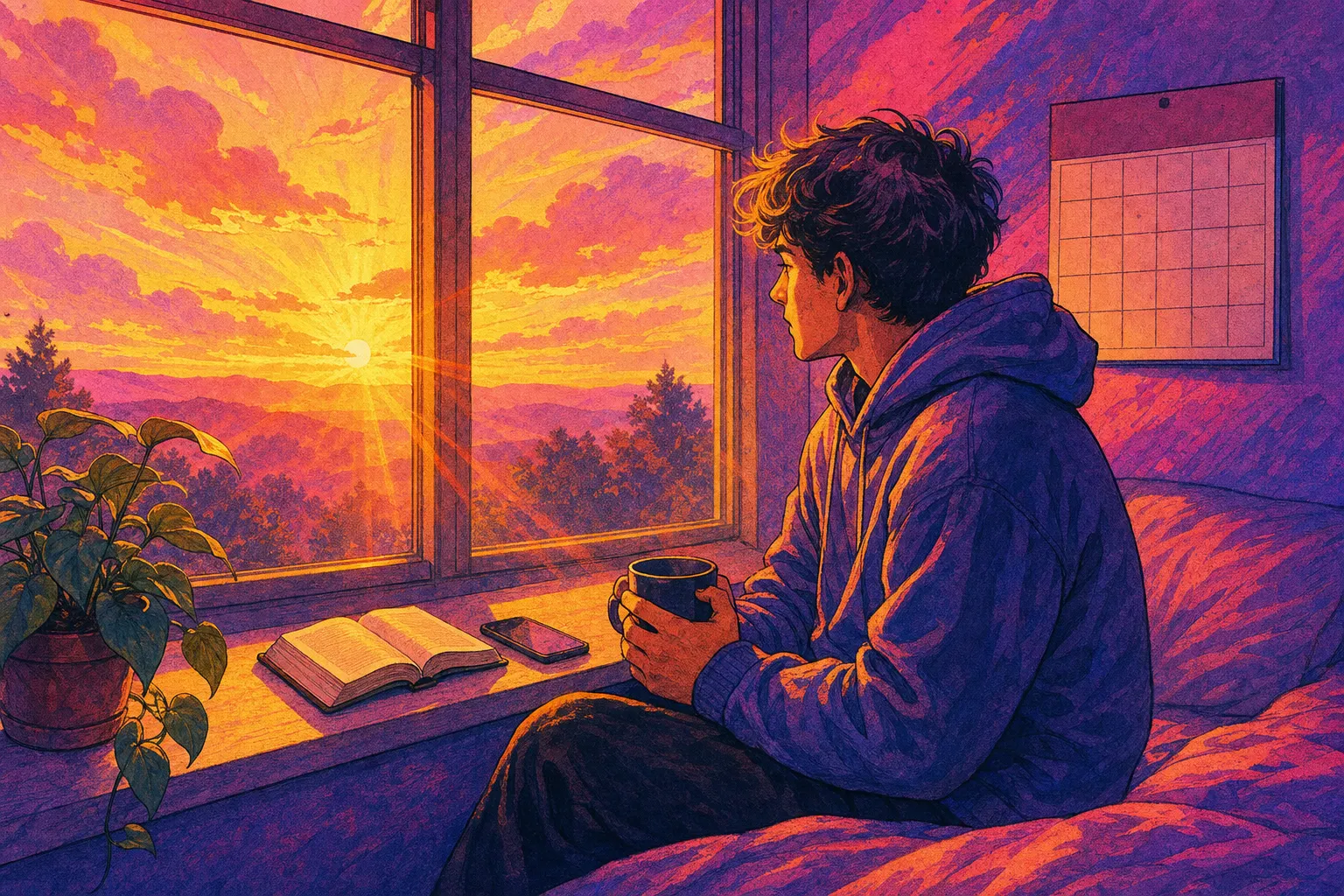 Illustration of a young man in a hoodie holding a mug by a sunrise window, with an open Bible and his phone on the windowsill