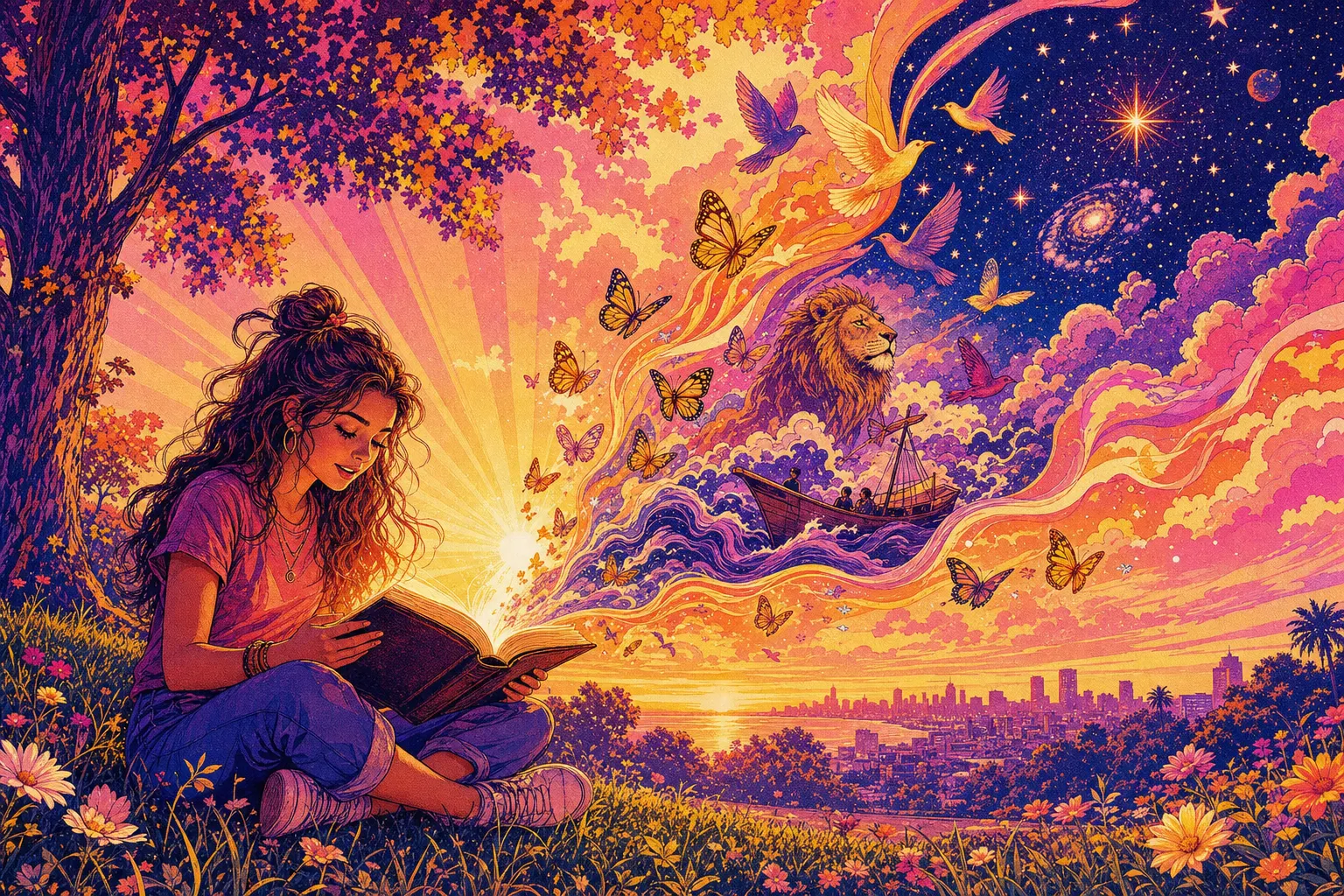 Illustration of a young woman reading a Bible on a grassy hill as butterflies, birds, a lion and a boat on waves rise from its pages into the sky
