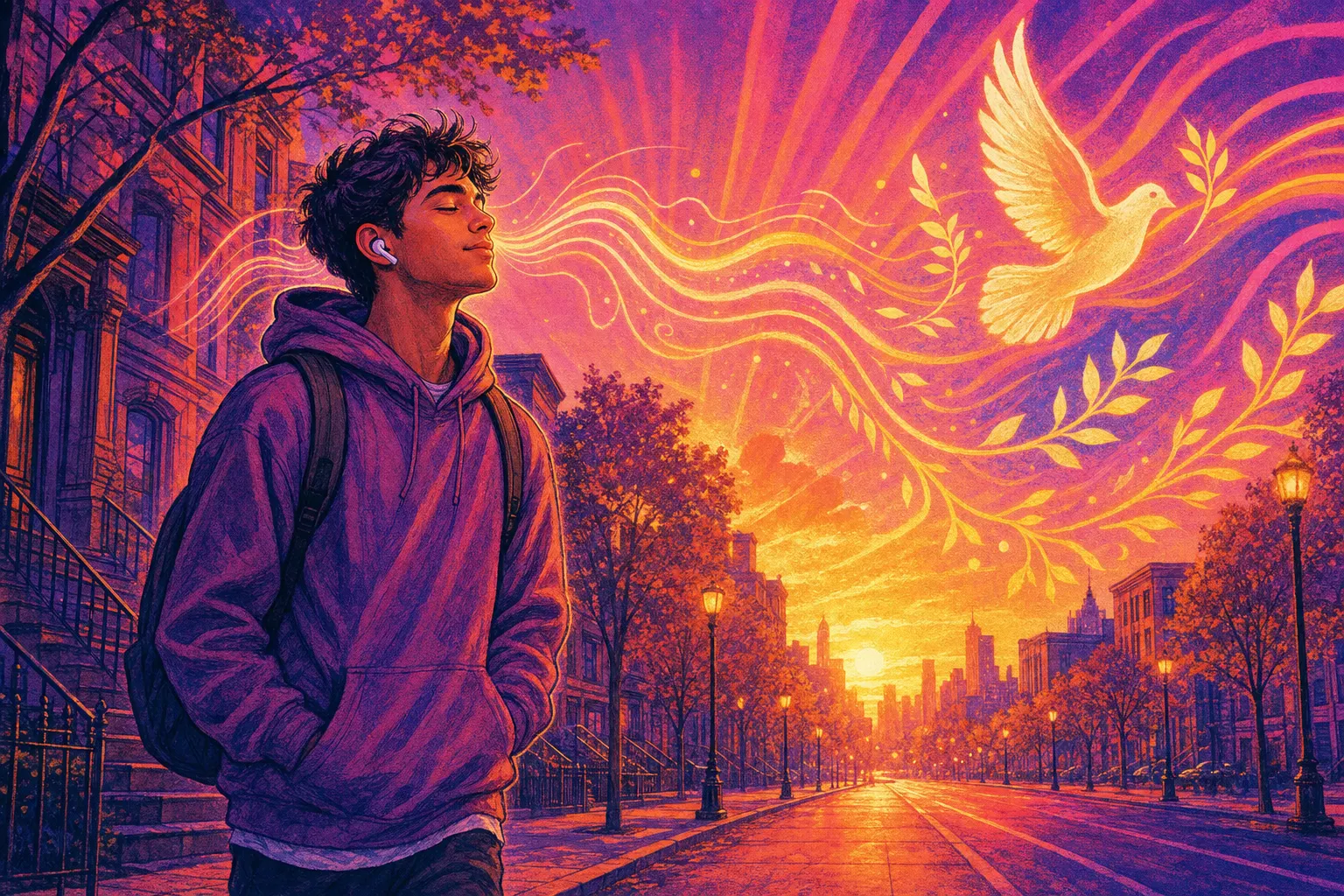 Illustration of a young man in a hoodie walking down a city street at sunrise with earbuds in, as glowing sound waves flow out into a dove and olive branches