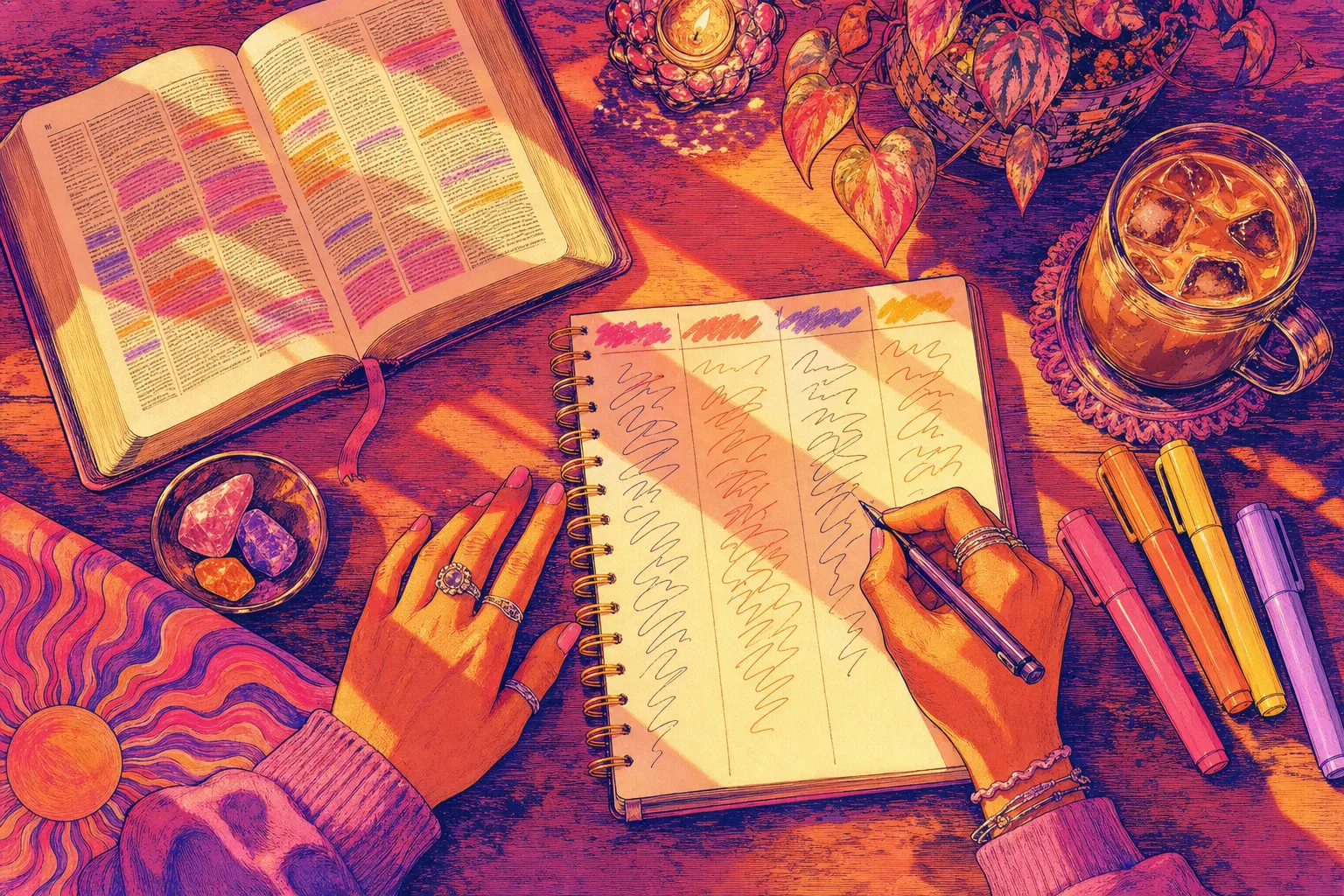 Overhead illustration of an open highlighted Bible, a four-column journal being written in, colored highlighters and an iced coffee on a sunlit table