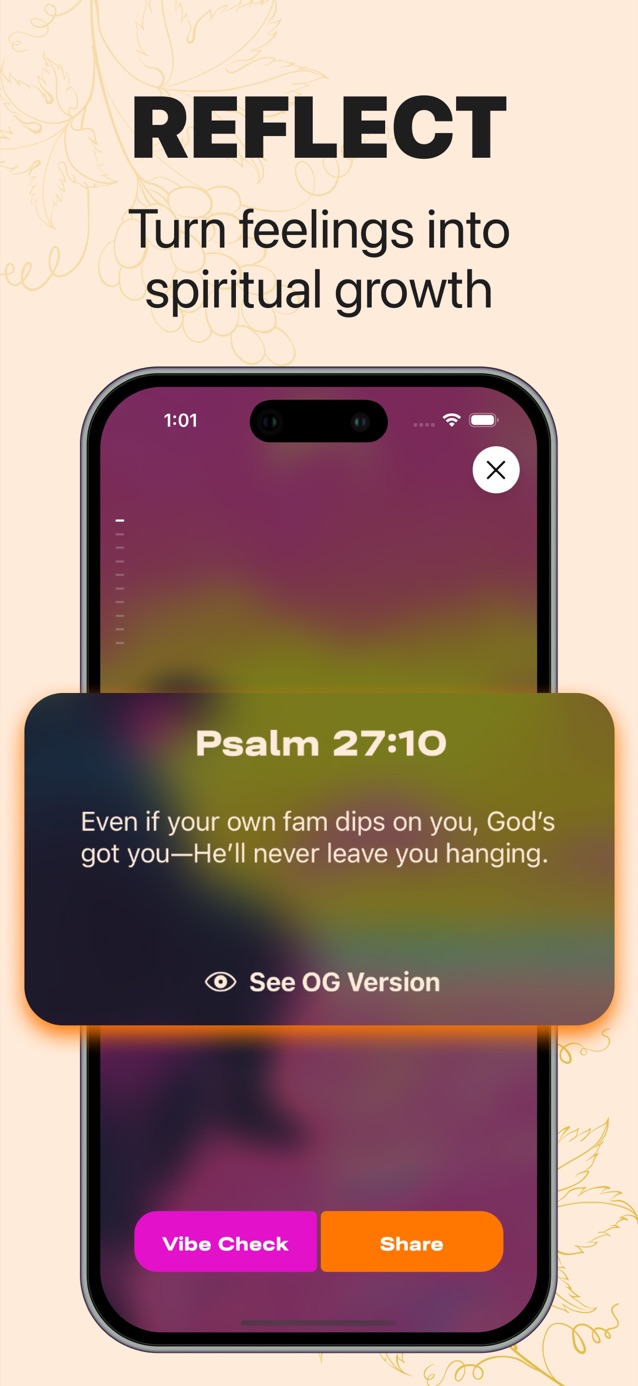 Psalm 27:10 rewritten in Gen Z language, with See OG Version, Vibe Check and Share buttons