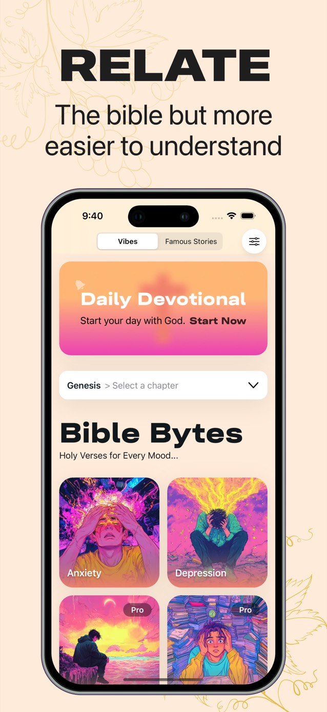 Gen Z Bible home screen with the Daily Devotional card, a Genesis chapter picker and mood cards