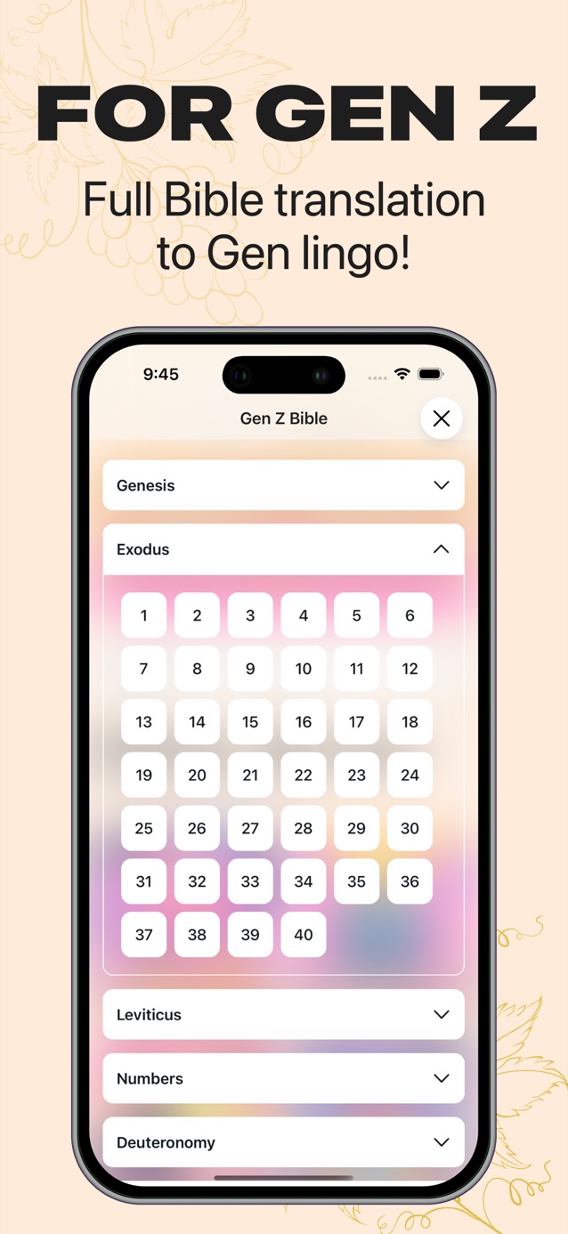 Full Bible book list in Gen Z Bible with the chapter grid for Exodus open